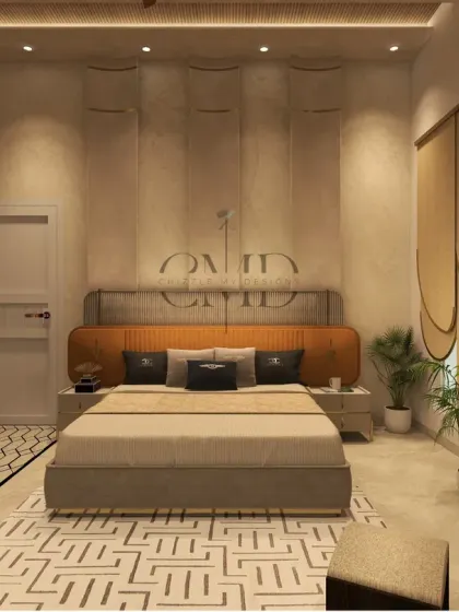 A wide shot of the penthouse master bedroom, showcasing the artistic elements like a luxurious rug, a large music-inspired painting, and curved architectural details.