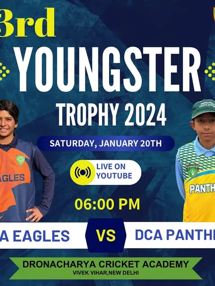 A graphic promoting a night match between DCA Eagles and DCA Panthers, live on YouTube.