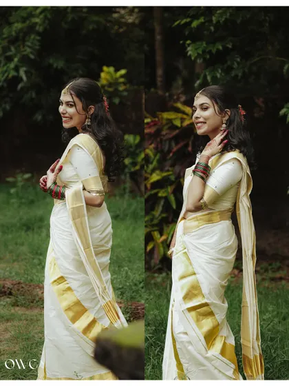 A diptych showing the bride's graceful poses in her traditional kasavu saree.