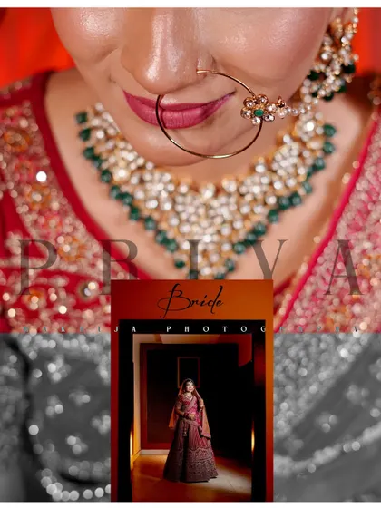 This artistic bridal collage combines a close-up of the bride's jewelry with a full-length shot. It's a modern approach to highlighting the important details of the bridal look.