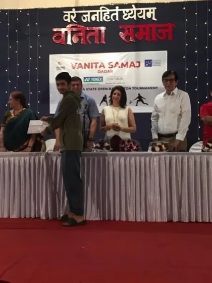 Pravit Sahu on stage at the Vanita Samaj Open State Badminton Tournament. Reaching the podium at a state-level event is a significant milestone.
