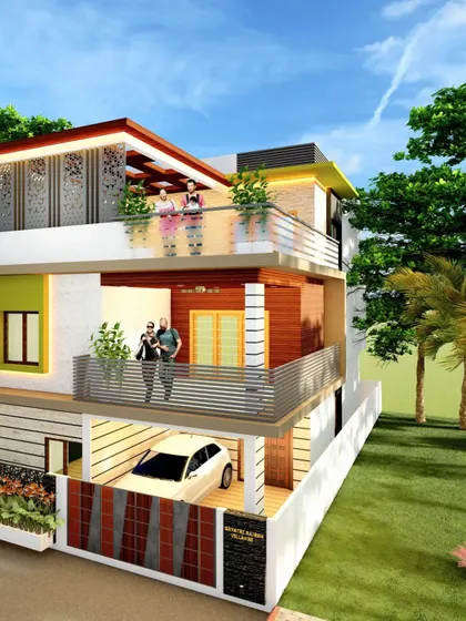 A bright, daytime render of the multi-balcony home.