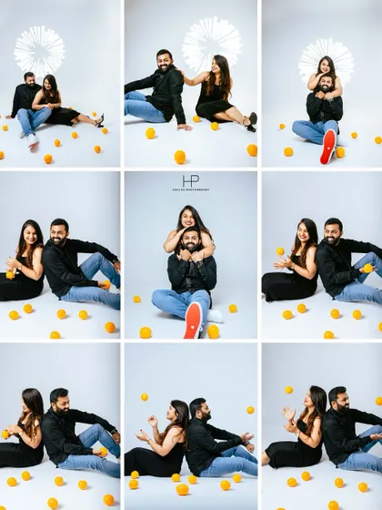 A grid of nine photos from a fun studio session with oranges. This shows the variety of candid and posed shots we can get from a single playful concept, capturing lots of laughter.