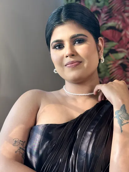 A portrait of the model with the smokey eye look. It's paired with a nude lip to keep the focus on the eyes, creating a balanced and sophisticated look.