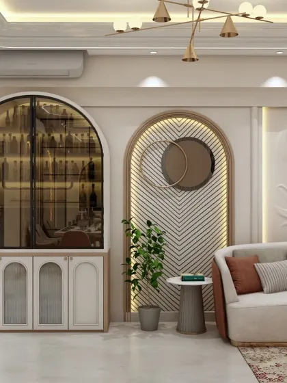 This space features a stunning arched bar cabinet with glass doors and internal lighting. It's a perfect addition for those who love to entertain in style.