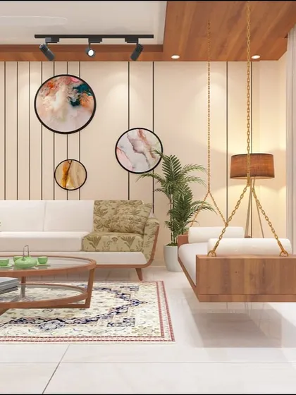 Another angle of the living room with the modern swing. The circular art pieces on the wall add a touch of contemporary style, complementing the room's warm and inviting ambiance.