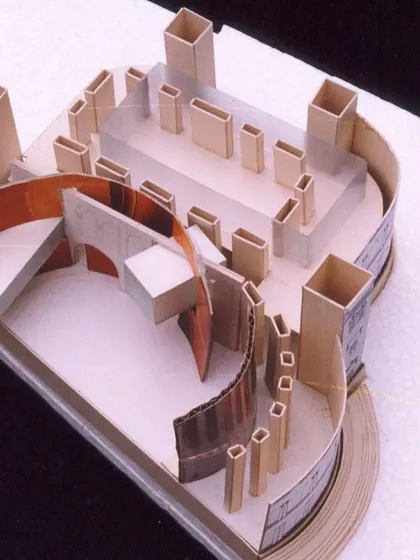 An early study model for our competition entry to develop Minto Hall in Bhopal. The model explores how new curved forms could be inserted within the historic structure to create a dynamic interior space for a modern convention center.