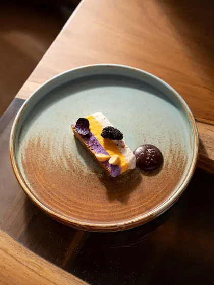 An artfully plated dessert at Comorin. The minimalist composition on a rustic plate emphasizes the chef's attention to detail and modern culinary approach.