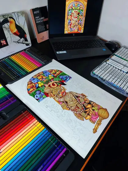Half of the Shree Kashtbhanjan Dev Hanuman ji sketch is complete. The vibrant colours are starting to fill the page.