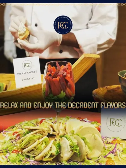 This image captures the preparation of Cream Cheese Crostini alongside a fresh salad. It highlights the fresh ingredients and careful assembly that goes into each of our gourmet appetizers.