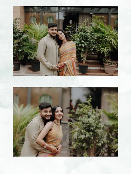 A collage of portraits from a Roka ceremony, showing the couple in both posed and candid embraces.