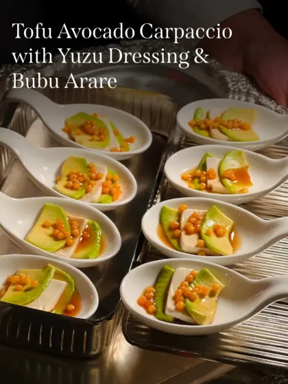 Tofu Avocado Carpaccio with a bright Yuzu Dressing and crunchy Bubu Arare (toasted rice pearls). A refreshing and light vegan canapé.