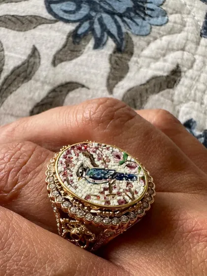 A personal look at one of my micromosaic bird rings. I find immense inspiration in nature, and this piece, with its detailed bird and floral motif, is a reflection of that connection.