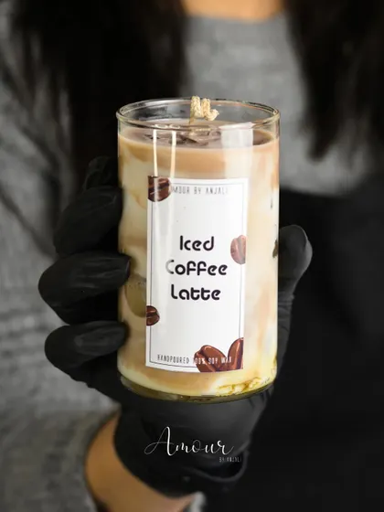 Here's my bestseller, the Iced Coffee Latte candle. The blend of coffee-colored and milky wax with 'ice' cubes makes it look incredibly realistic.