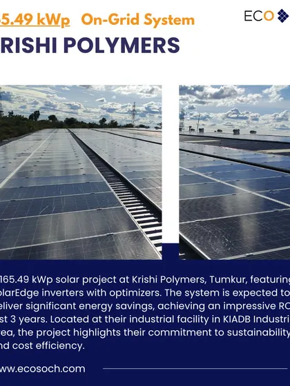 This 165.49 kWp solar project at Krishi Polymers in Tumkur is a testament to fast returns. Using SolarEdge inverters with optimizers, the system was designed to achieve an impressive return on investment in just 3 years while promoting industrial sustainability.