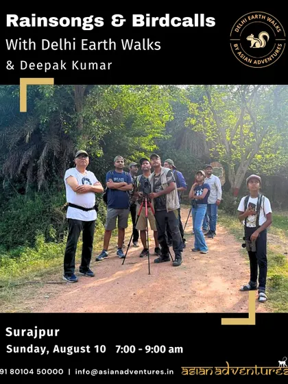 A group of explorers on the trail with our guide Deepak Kumar during a monsoon bird walk at Surajpur. Our walks are a great way to meet like-minded people and explore new places.