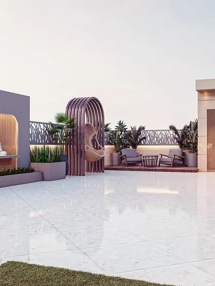A wide-angle 3D view of the entire terrace layout. This helps clients understand the scale of the project and the relationship between different zones like the seating area and the zen corner.