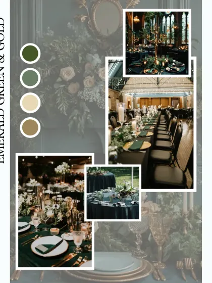 This mood board features an 'Emerald Green & Gold' theme. The combination is regal and luxurious, ideal for creating a sophisticated and opulent atmosphere for your wedding reception.