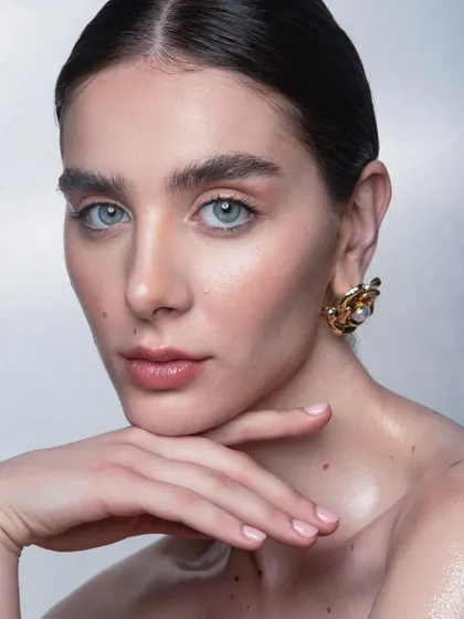 This shot showcases the flawless base and soft contouring that forms the foundation of a great beauty look. The skin appears smooth and perfected, with a natural, healthy dimension.