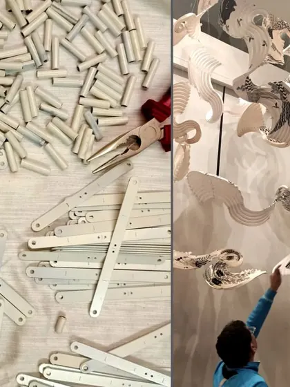 The process of creating the installation, from the humble metal hardware and paper components to the final assembly on-site. This shows the meticulous craftsmanship and technical skill required to bring such a complex piece to life.