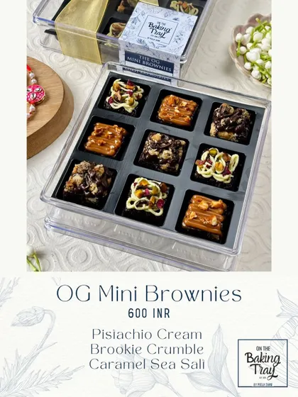 My OG Mini Brownies are a Rakhi favorite. This box of nine assorted mini brownies includes flavors like Pistachio Cream, Brookie Crumble, and Caramel Sea Salt, offering a little something for every craving.