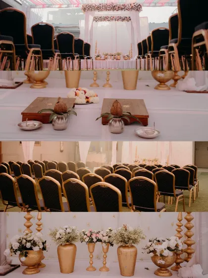 A collage showcasing the elegant wedding decor. I believe in capturing the ambiance you create, from the seating arrangement to the beautiful floral centerpieces.