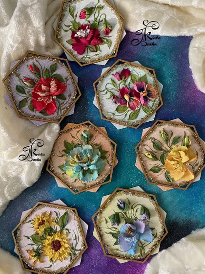 A beautiful set of seven hexagonal fridge magnets, each featuring a different floral design. These can be arranged in a honeycomb pattern on your fridge to create a stunning display.