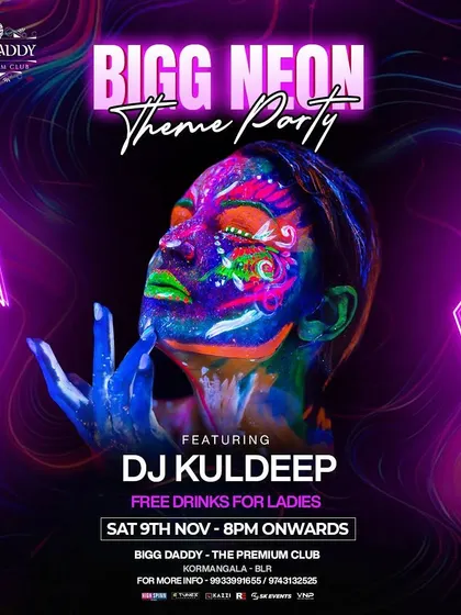 Another one of my 'Bigg Neon Theme Party' posters. These nights are a feast for the eyes, with UV lights, glow paint, and a setup that makes the entire club come alive with color.