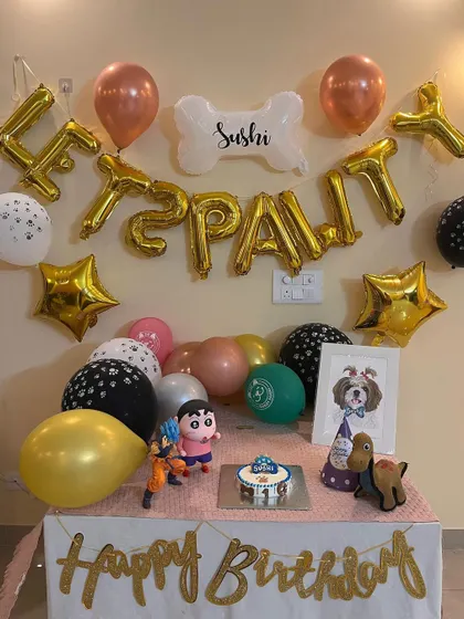 A beautifully decorated party table for Sushi the Shih Tzu. Our cakes fit perfectly into any theme, whether it's simple and sweet or a full-blown decorated bash.