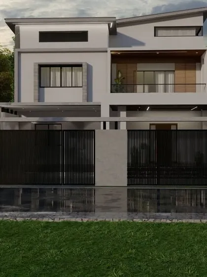 This proposed design features a wide facade with a large gate and a mix of white and wood-tone finishes. The clean lines and balanced proportions give it a sophisticated look.
