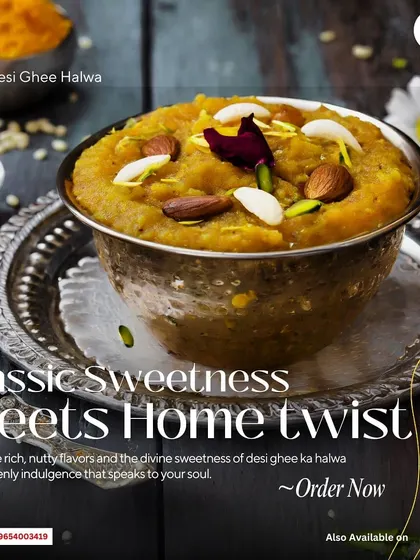 A perfect sweet ending to your meal. My Desi Ghee Halwa is made with pure ghee and loaded with nuts for a rich, heavenly indulgence that speaks to the soul.