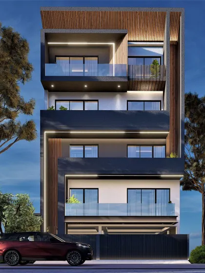 A visualization of a modern residence at dusk. The design uses a dark color palette with wood-paneled ceilings and vertical louvers, creating a sophisticated and moody urban home.