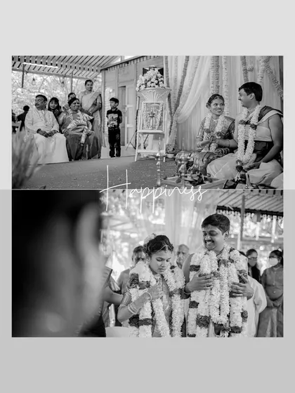 A black and white collage capturing happy, candid moments from the wedding ceremony, focusing on the couple's joy.