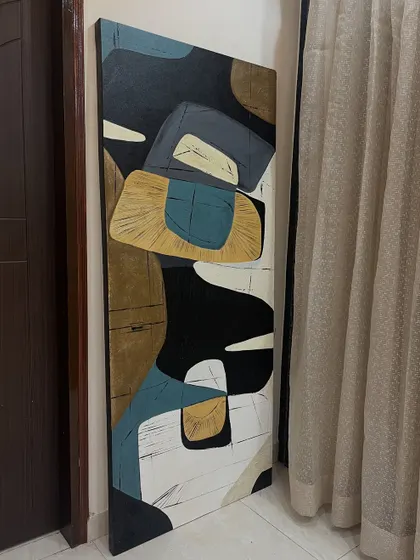 The abstract painting in a room setting, giving an idea of its scale and how it can add a sophisticated artistic element to a corner or entryway.