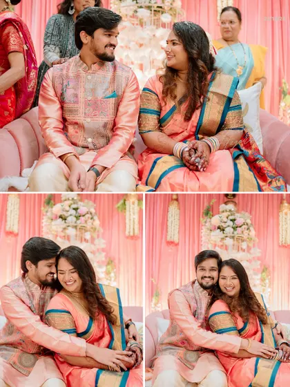 A collage showing a sequence of moments from the engagement ceremony, from a formal look to candid, happy embraces.