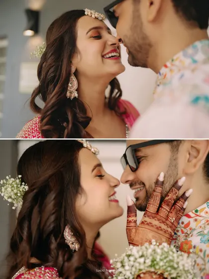 A diptych of intimate moments, capturing the couple's smiles and the bride's beautiful henna.