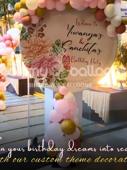 This floral themed welcome sign for Yuvanya and Sanchita's birthday party shows how we can turn your dreams into reality with our custom theme decorations.