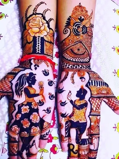 I love creating personalized mehendi that tells your story. This design features a couple motif, making it a special choice for an engagement or Karva Chauth celebration.