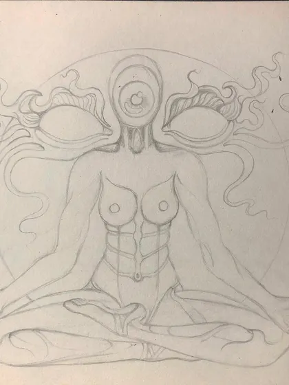 A pencil sketch of my "Tara" meditative figure. This initial drawing lays down the pose and the main symbolic elements.