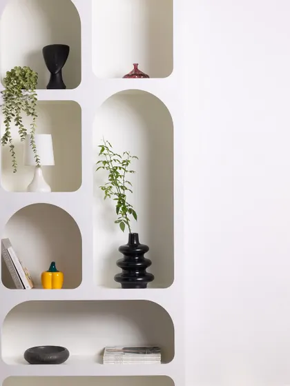 Here is another view of our arched shelving unit, offering a clean white canvas with plenty of negative space for creative compositions and graphic text overlays.