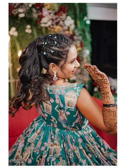 A close-up of my fun hairstyle and the back of my mehendi jacket.
