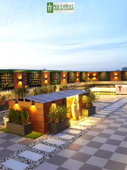 A view of the custom-built planters and illuminated feature sculpture at the Palam Vihar site.