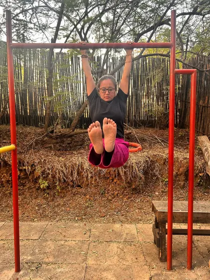 Inching towards being stronger with every practice. Here I am working on my grip and core strength with an L-sit hang.