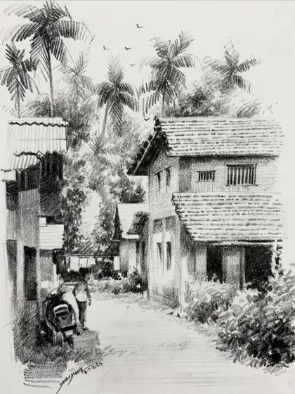 An online class demonstration of a pencil landscape, showing how to render foliage and architectural textures in a village lane.
