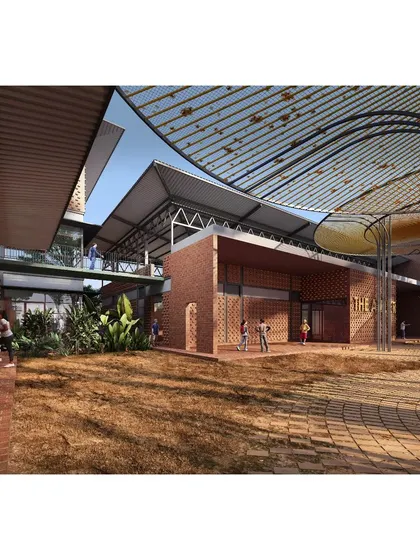 A view from the central quadrangle towards one of the academic pods. The design emphasizes connections, with open walkways and transparent facades linking the interior spaces with the landscaped courts outside.