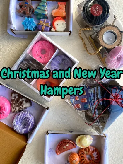 A collage of my various Christmas and New Year hamper options, featuring different combinations of my handmade soaps and decor items.