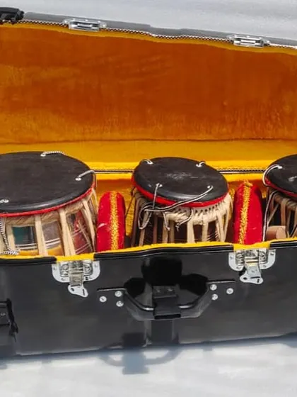 A custom hardcase for a tabla set. This case features a plush interior and secure latches to keep your valuable percussion instruments safe during transport.