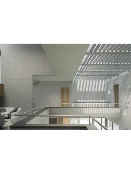 The interior of the 'House on Water' is designed as a series of open, interconnected levels that all share a view of the central water court. Perforated ceilings and walls filter sunlight, creating a gentle, dappled light effect that mimics the reflections from the water below.