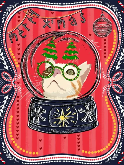 Merry Christmas from this festive feline. This illustration features a cat wearing Christmas tree glasses inside a snow globe, perfect for a quirky holiday card.
