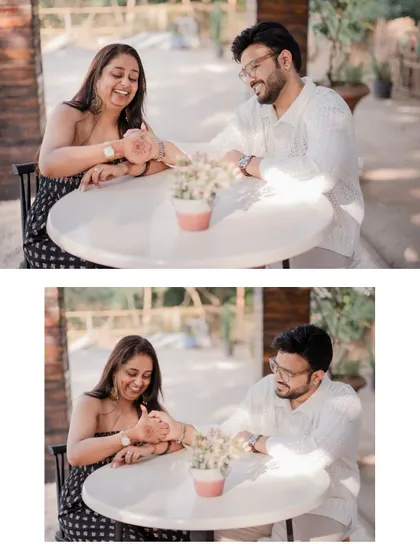 Two photos capturing the couple's playful interactions at a small table, showing their genuine smiles and connection.